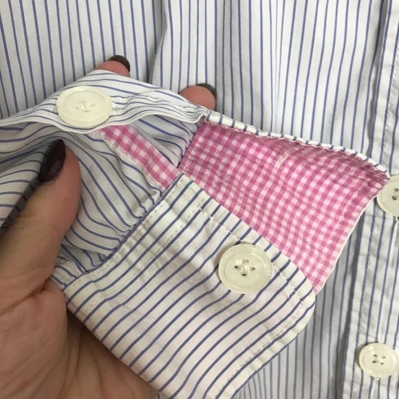 Blue White Striped Button Down Pink Check Size M - Picture 5 of 8